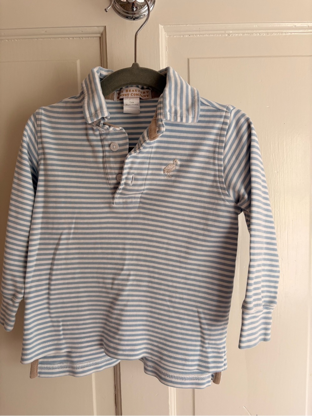 TBBC Long Sleeve Prim & Proper Polo Shirt, Light Blue & White Striped — 2T